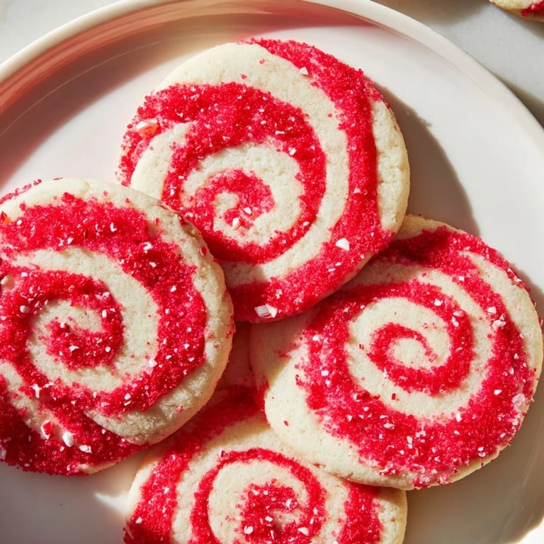 Close-up of baked Candy Cane Pinwheel Cookies showing the pinwheel pattern alongside crushed candy cane pieces, delicious holiday colors.