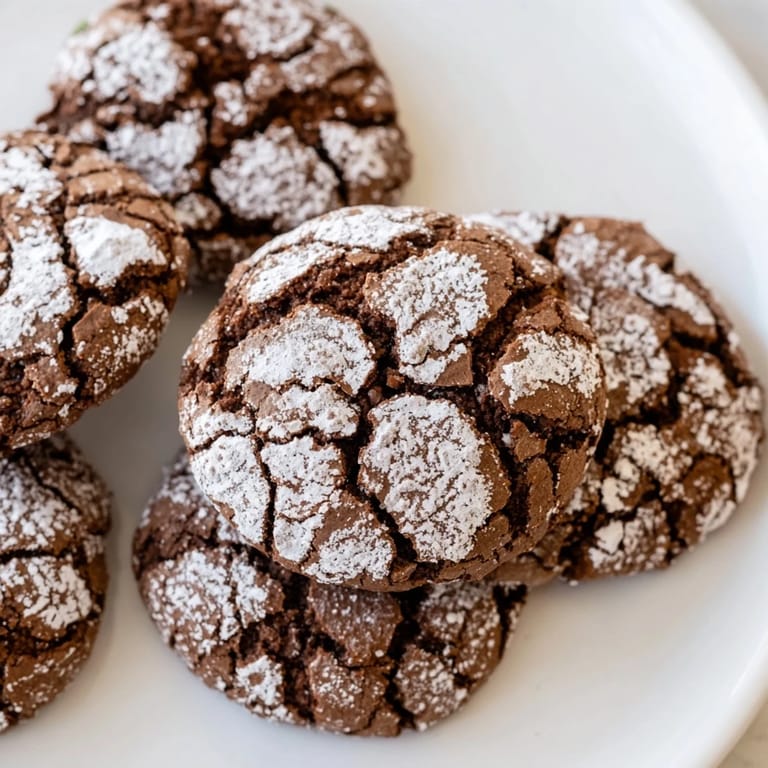 Close-up of crackled Chocolate Gingerbread Crinkle Cookies showcasing their soft, fudgy interiors.