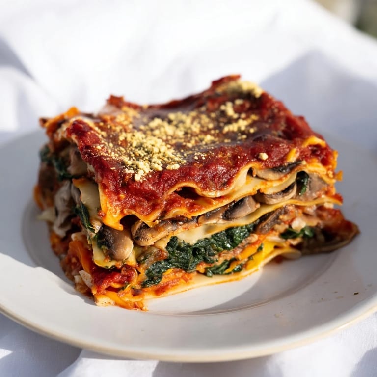 Cheesy and creamy Vegan Mushroom Spinach Lasagna, showcasing a beautiful, golden-brown crust and fresh herbs.