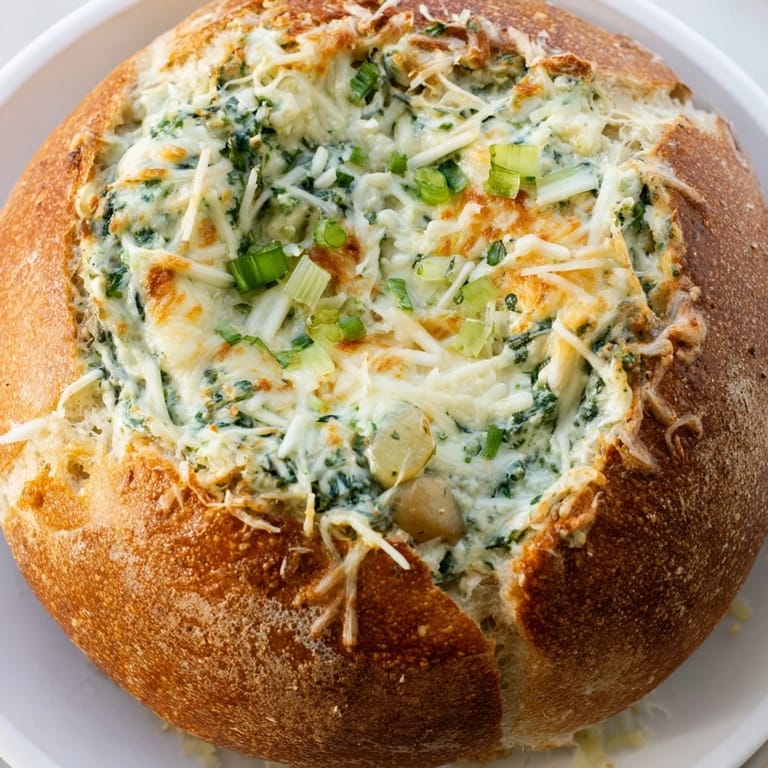 Delicious Best-Ever Spinach Dip in a Bread Bowl, surrounded by colorful veggies perfect for dipping.