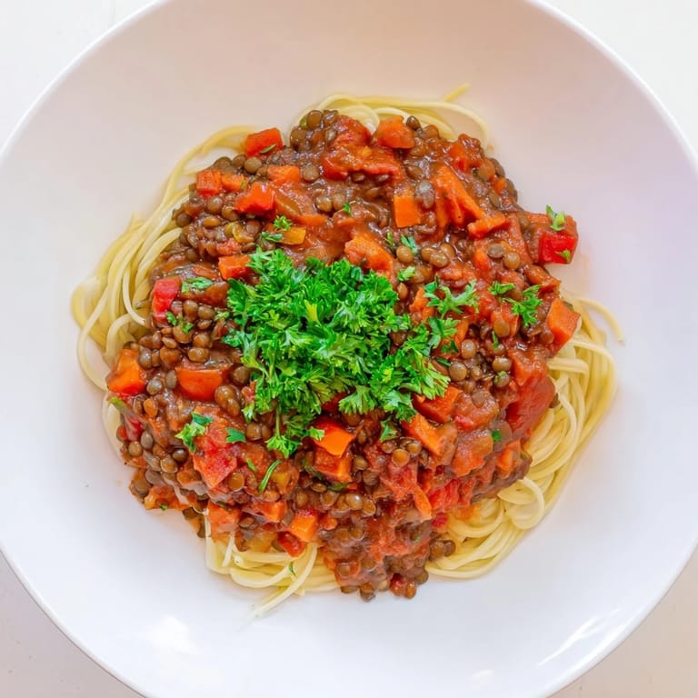 Close-up of bubbling Hearty Lentil Bolognese, rich and flavorful, ready to be served.