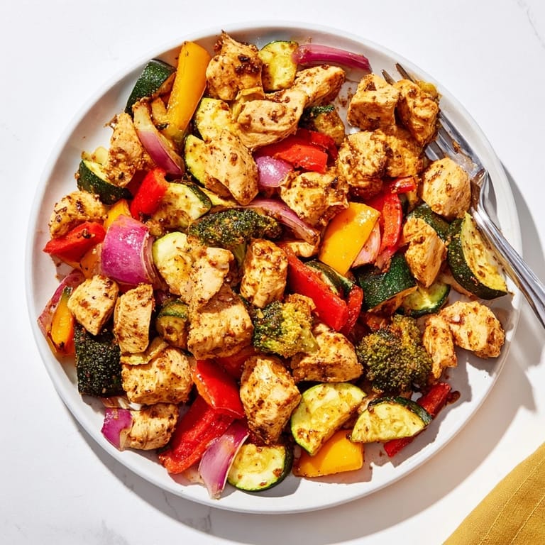 Sheet pan dinner: crispy Garlic Parmesan Chicken Bites, perfectly cooked with bell peppers and zucchini.