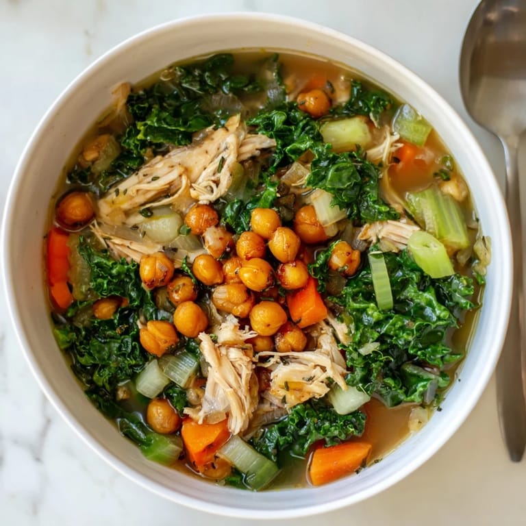 Steam rises from a hearty bowl of Chicken Kale Soup, featuring tender chicken and vibrant greens.