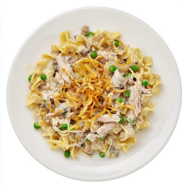 A warm, comforting photo of creamy tuna noodle casserole, showcasing its tender pasta and savory filling.