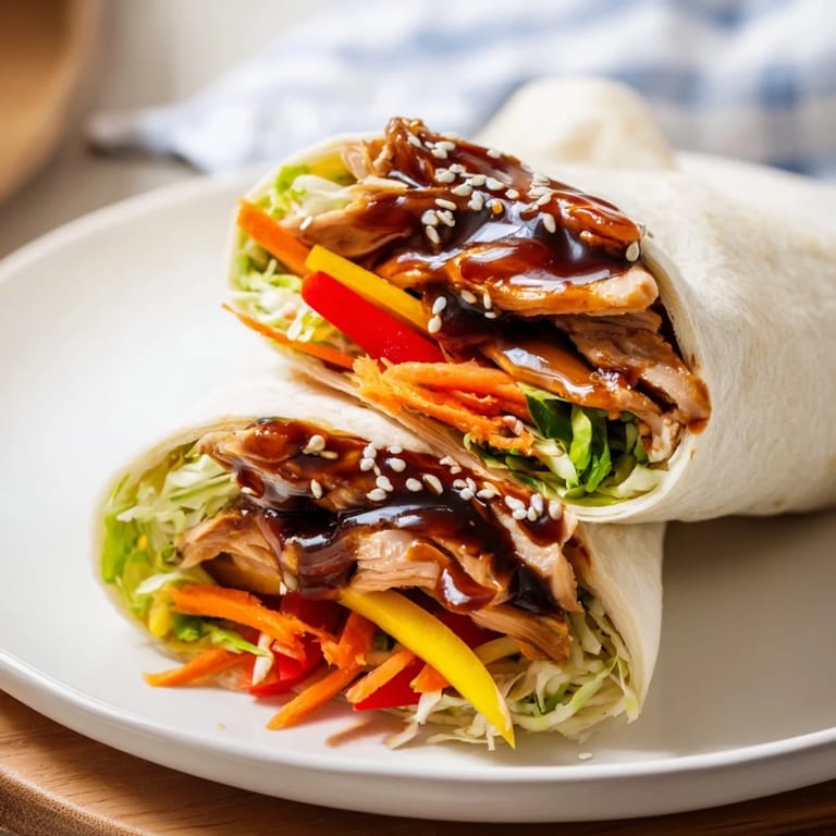 A close-up of a teriyaki chicken wrap reveals the delicious fillings spilling out of soft tortilla.