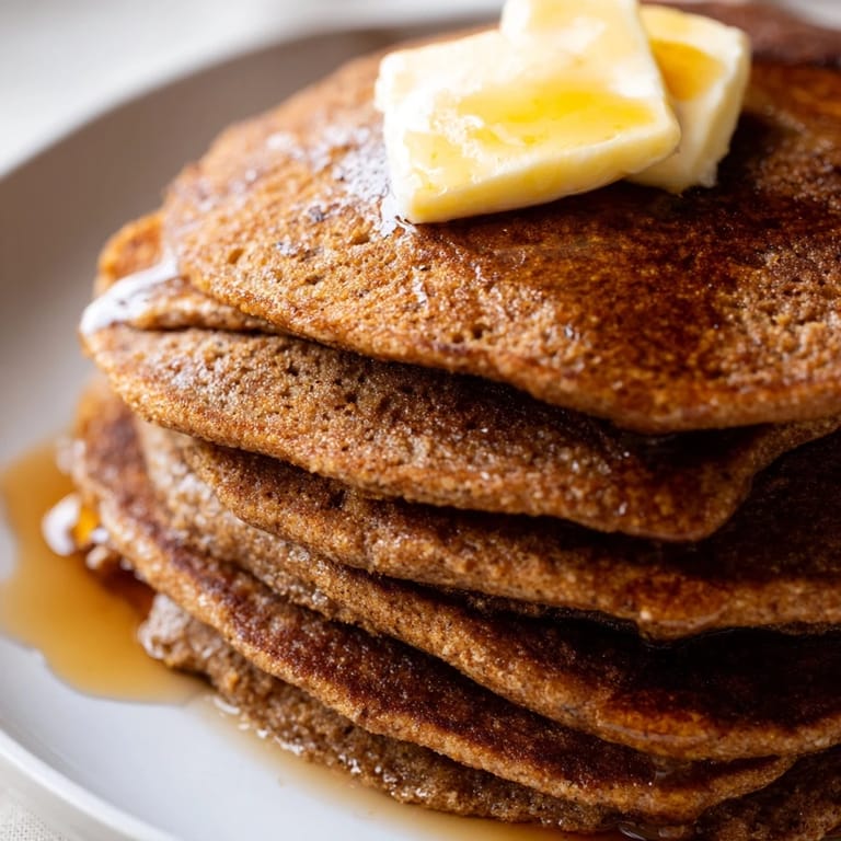 Close-up of bubbling Gingerbread Pancakes cooking in a pan, promising a flavorful and festive morning meal.