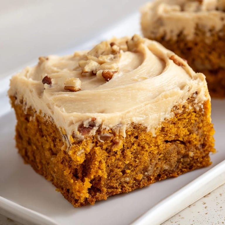 Close-up of a frosted Pumpkin Bar, its moist crumb and spiced flavor incredibly enticing.