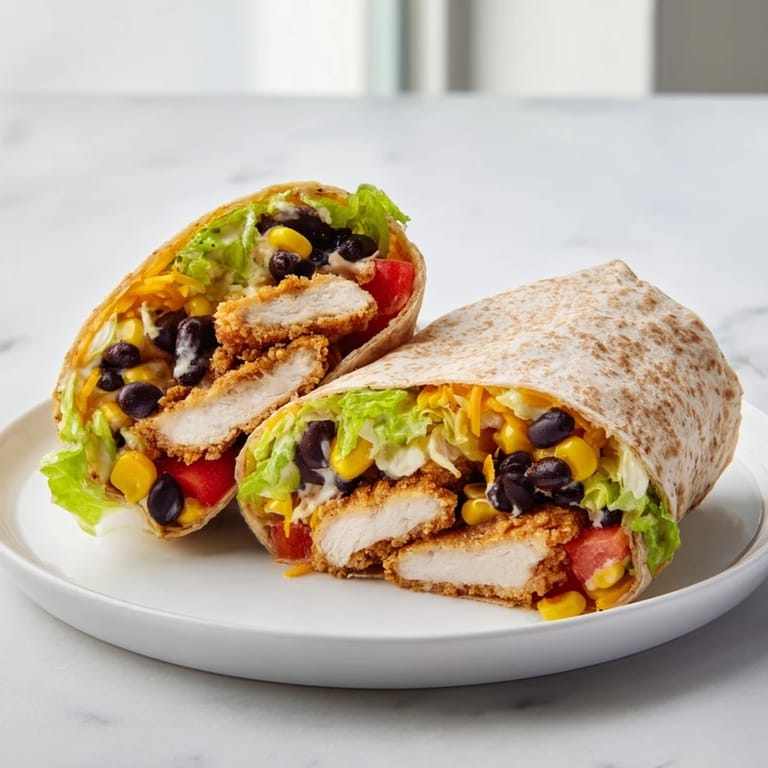 Close-up of a sliced Southwest Chicken Wrap, showing the textures of fresh ingredients and creamy sauce.