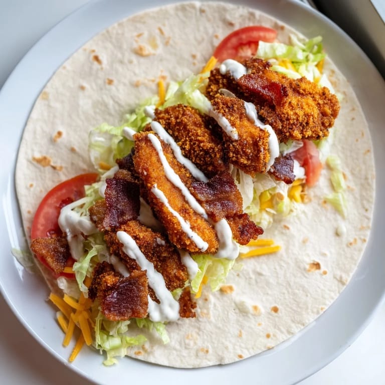 Close-up of a delicious crispy chicken bacon ranch wrap, showcasing layers of texture and satisfying flavors.