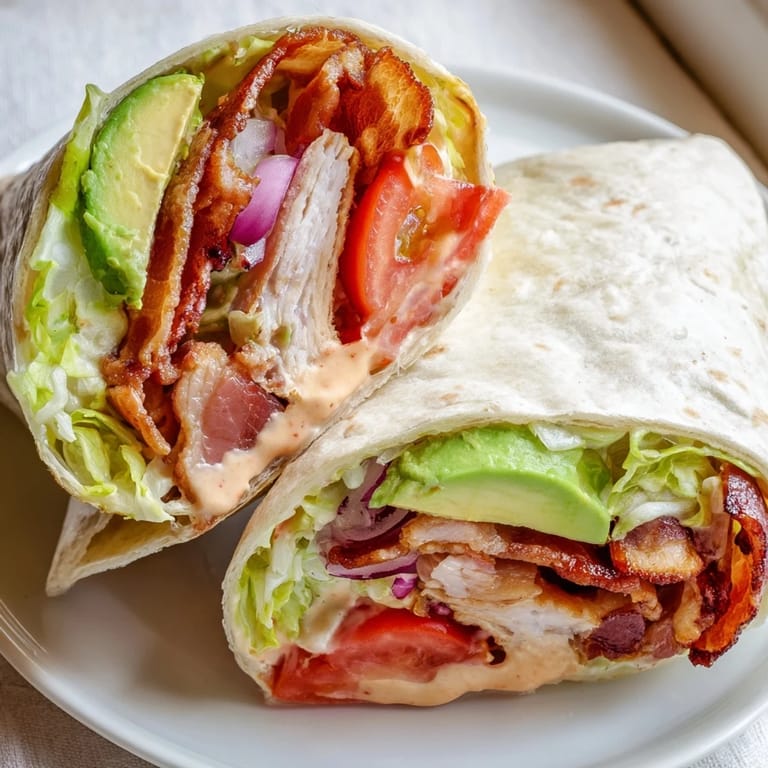 Perfectly assembled Zesty BLT Wraps: a flavorful combination of bacon and fresh ingredients.