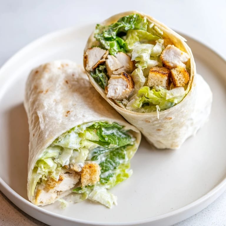 A sliced Chicken Caesar Wrap shows layers of chicken, lettuce, and creamy dressing, perfect meal.