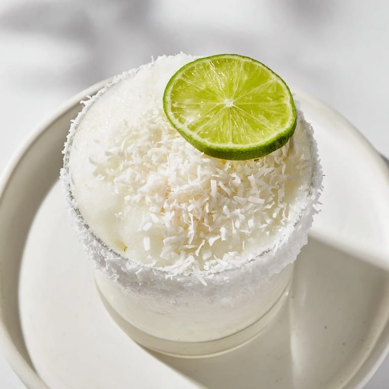 A blended White Christmas Margarita with tropical coconut flavors, perfect for a festive party.