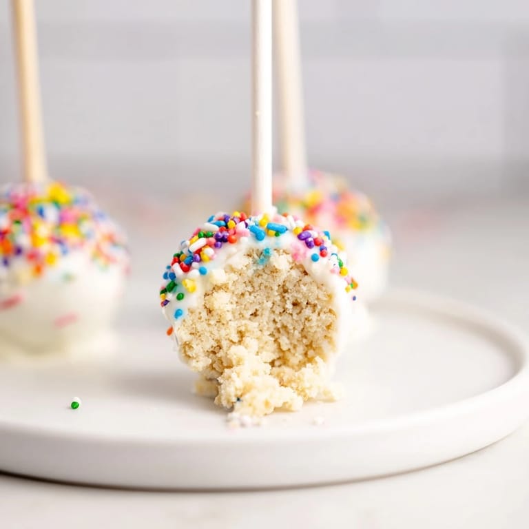 Close-up of freshly made Lightened-Up Sugar Cookie Cake Pops, a delicious, bite-sized dessert with sprinkles.