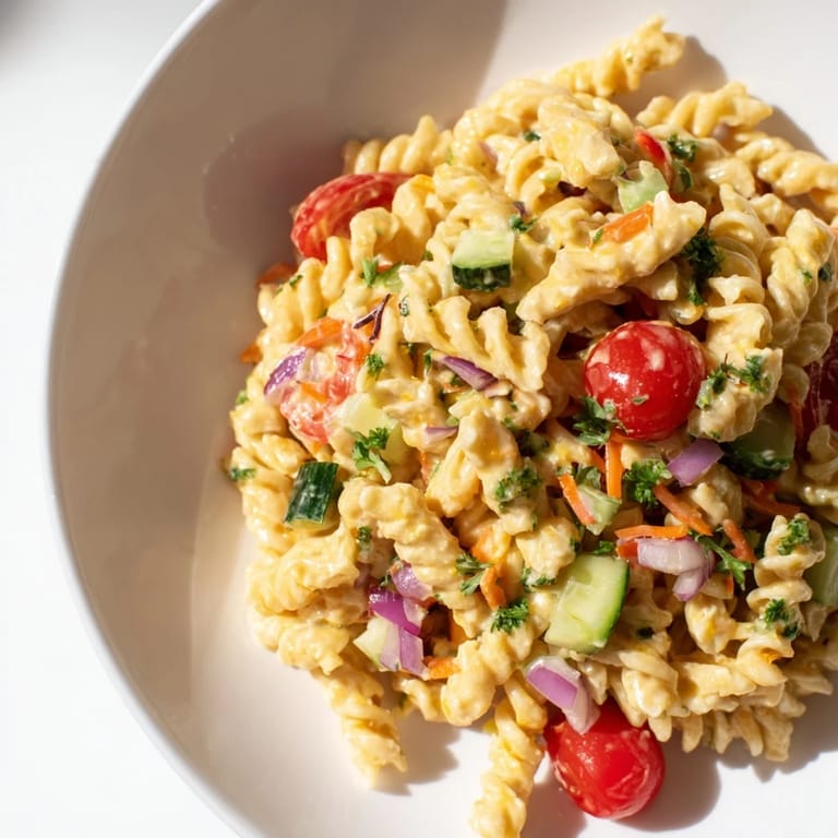 Cool and refreshing plate of Vegan Hemp Seed Ranch Pasta Salad, with visible pasta and colorful bell peppers.