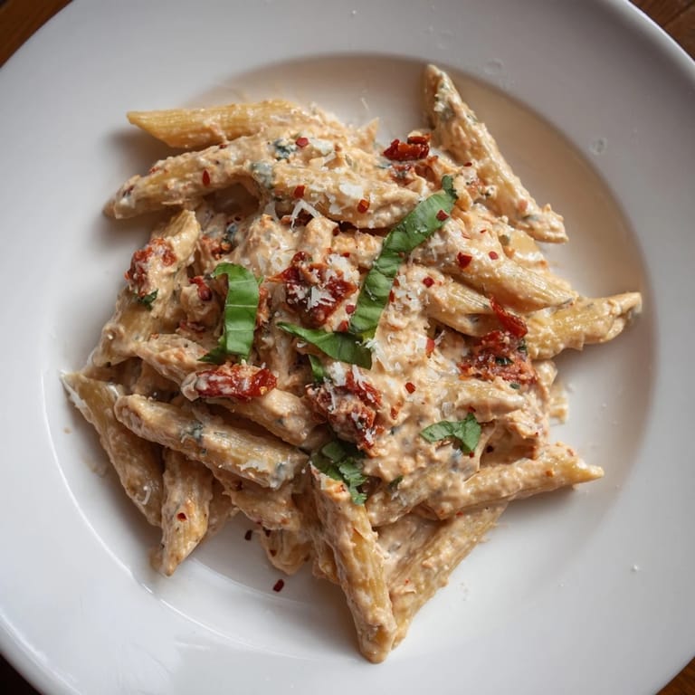 Vibrant bowl of pasta with Sun-Dried Tomato & Cottage Cheese Pasta Sauce, garnished with fresh basil.
