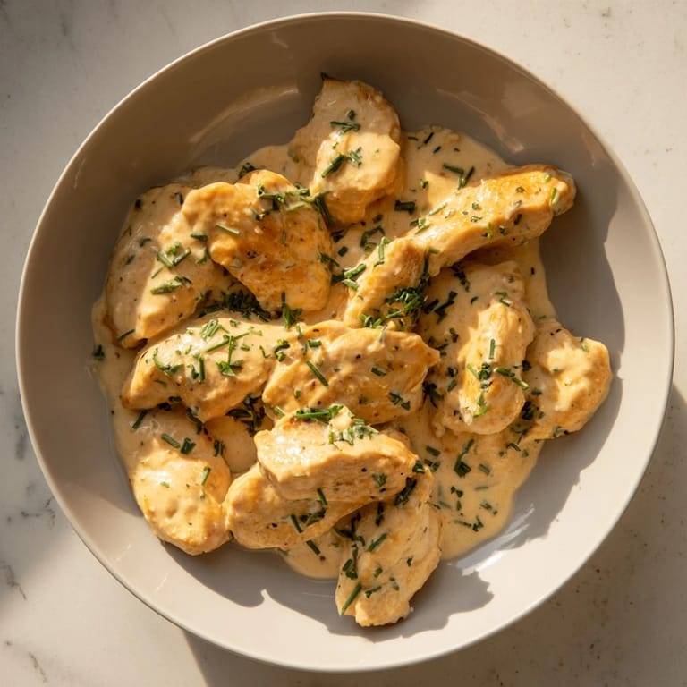 A close-up view of a flavorful Lighter Creamy Tarragon Chicken dish, garnished with fresh herbs, is irresistible.