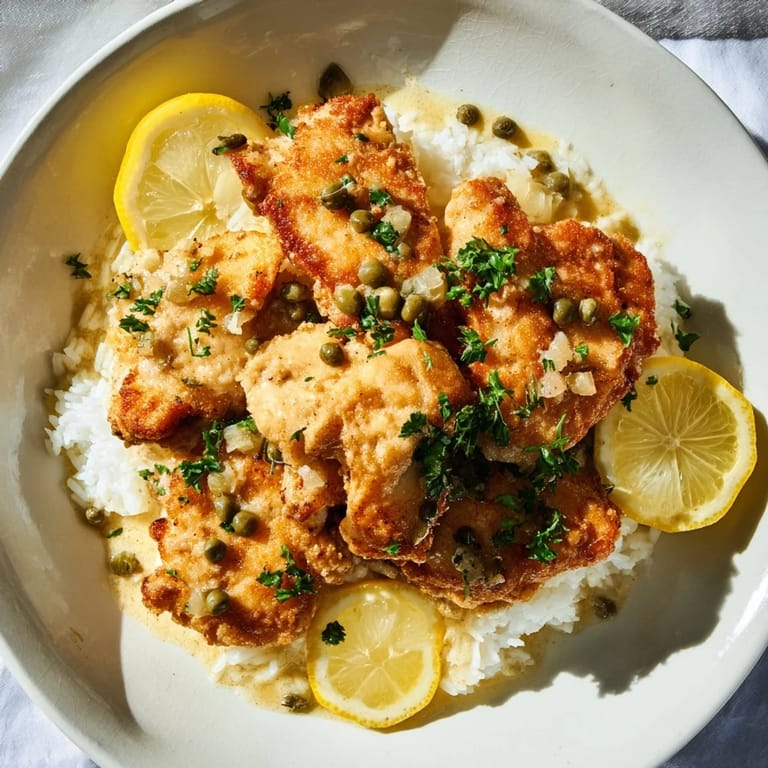 A close-up of Express Chicken Piccata Rice Bowl showcasing tender chicken in a zesty, flavorful sauce.