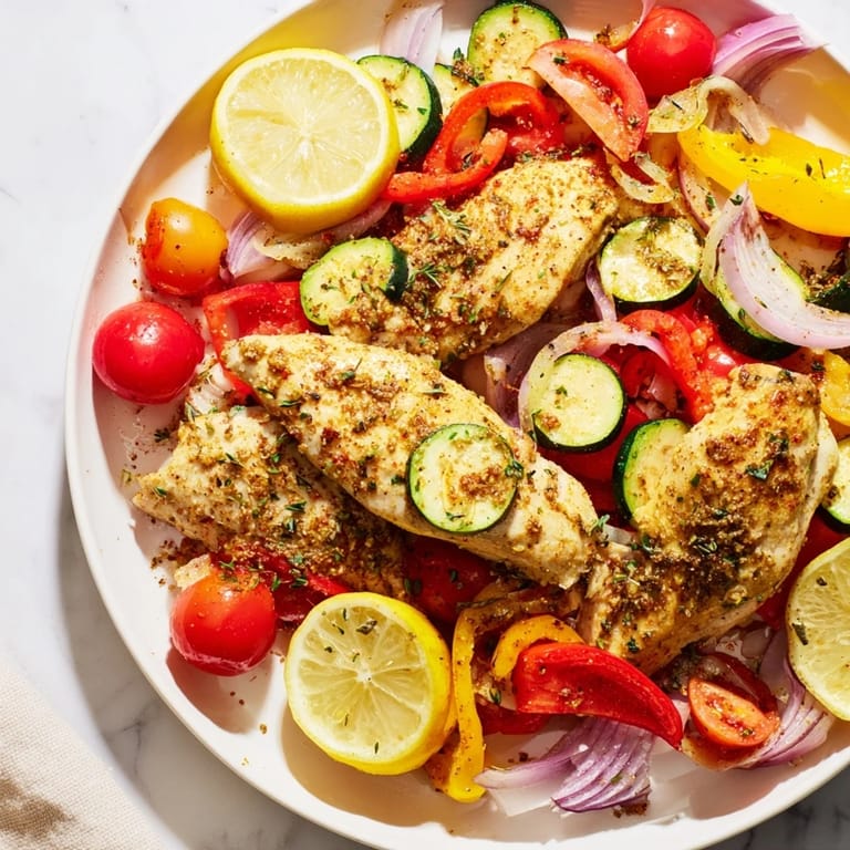 Golden Sheet Pan Lemon Oregano Chicken Cutlets served with fresh lemon wedges and herbs, inviting aroma.