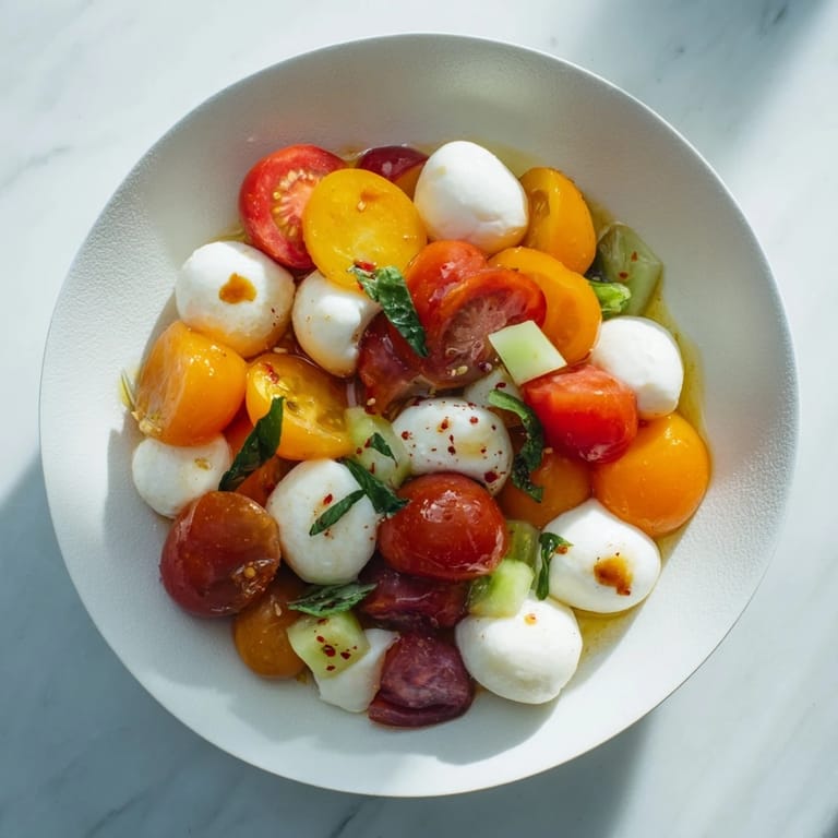 Fresh Simple Holiday Chopped Caprese Salad: ripe tomatoes, creamy mozzarella, and balsamic glaze, ready to serve.