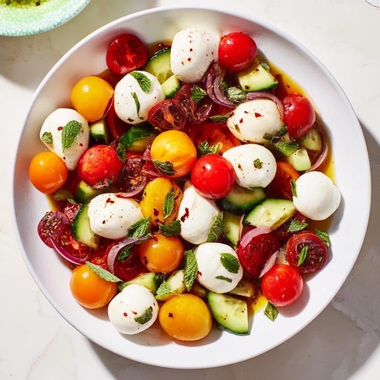 Delicious Simple Holiday Chopped Caprese Salad, a refreshing Italian salad with vibrant red and yellow tomatoes.