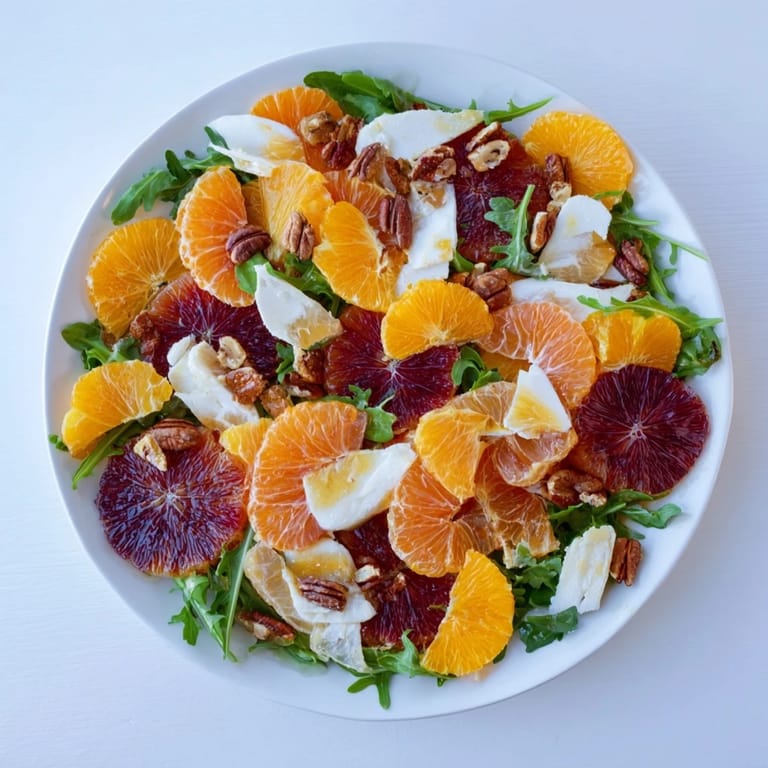 Close-up of Winter Citrus & Candied Pecan Salad, highlighting the candied pecan's crunch and citrus's brightness.