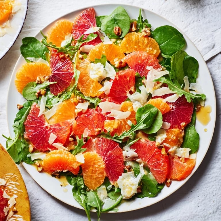 Enjoy a refreshing plate of Winter Citrus & Candied Pecan Salad: a delightful mix of flavors and textures.