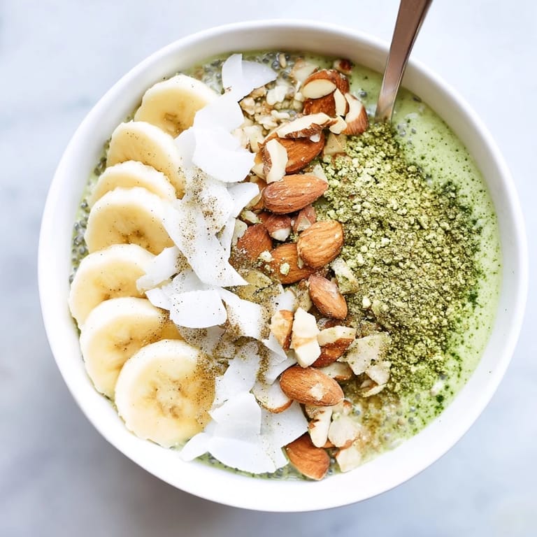 A close-up of chilled High-Protein Eggnog Matcha Overnight Oats, ready for a healthy breakfast.