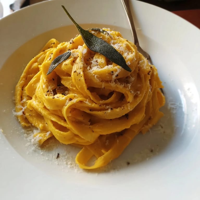 This creamy Healthy Pumpkin Sage Pasta is ready to eat, with parmesan cheese sprinkled on top.
