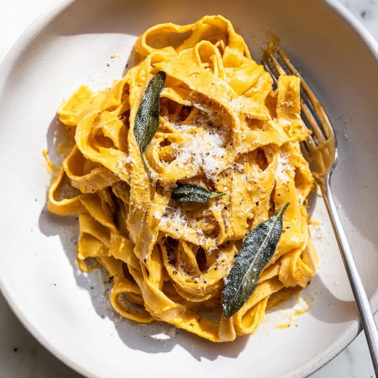 Savory Healthy Creamy Pumpkin Sage Pasta, ready to warm you up, perfect for a cozy fall dinner.