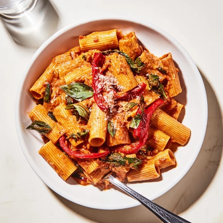 Close-up of creamy Lightened-Up Vodka Rosé Christmas Pasta, garnished with fresh basil and cheese.