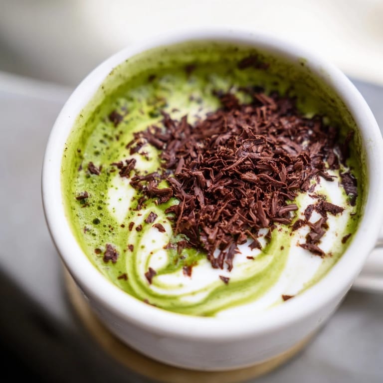 A close-up of a Collagen Peppermint Mocha Matcha Latte, showcasing the creamy texture and rich, layered colors.