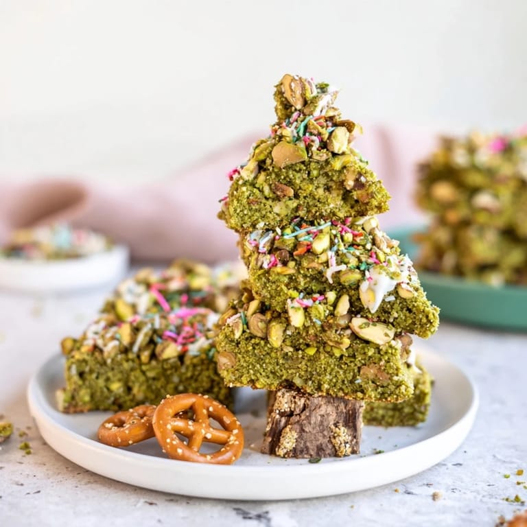Soft, chewy Matcha Pistachio Christmas Tree Blondie Bars, offering a delightful combination of earthy and sweet flavors.