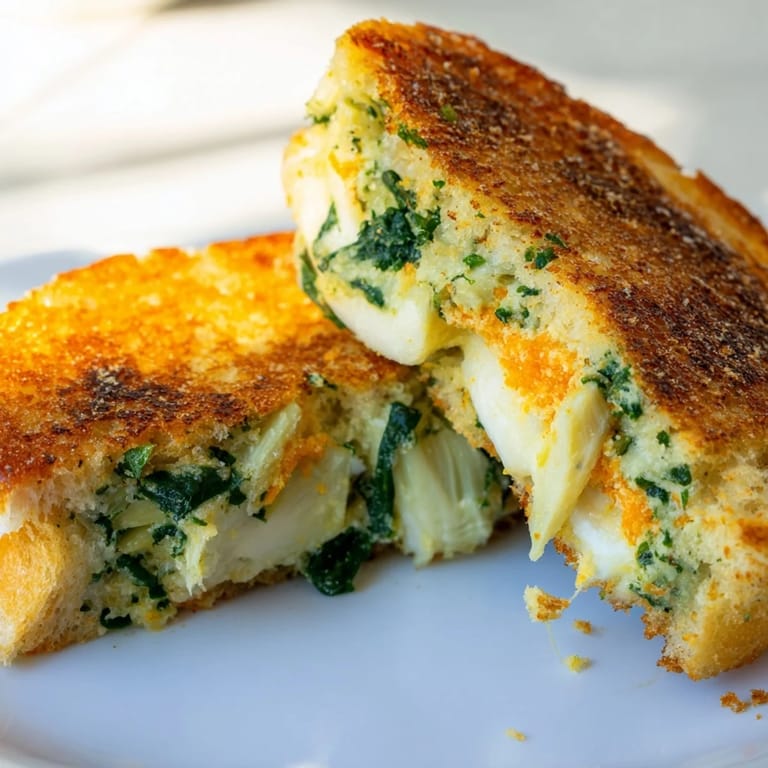 Delicious and crispy Air Fryer Spinach & Artichoke Dip Grilled Cheese served with a side of fresh tomato soup.