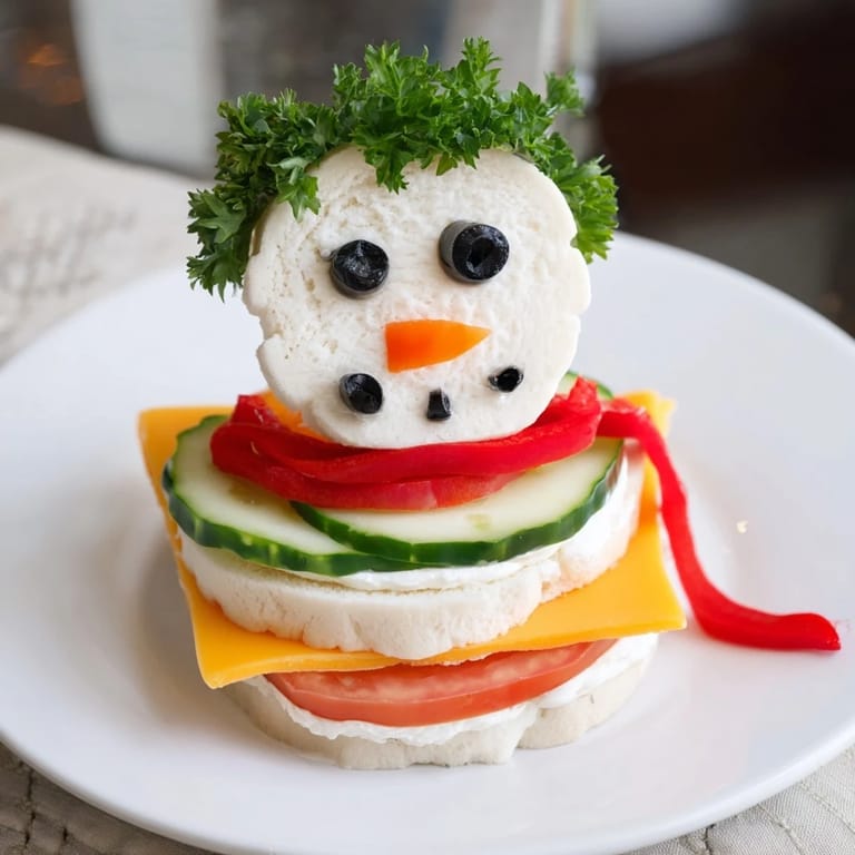 This fun-to-make Snowman Sandwich Stack is layered with cheddar and cucumber slices.