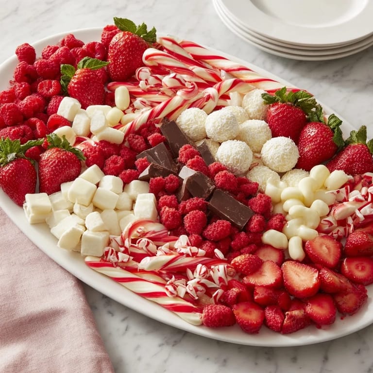 This candy cane striped platter showcases a delightful arrangement of red berries and creamy white confections.