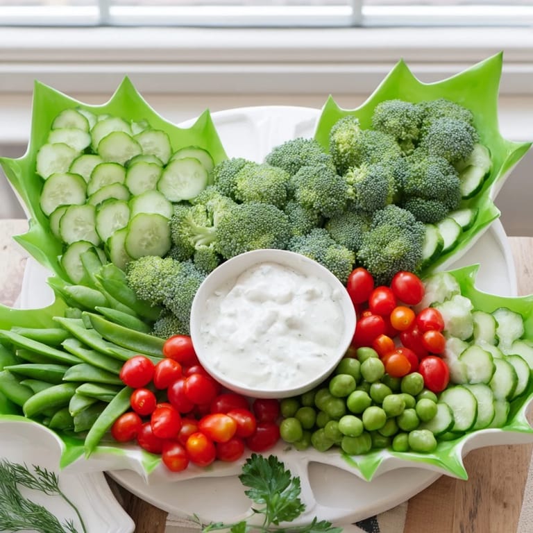 A colorful Holly Leaf Veggie Board with fresh, crisp vegetables paired with a creamy dill dip.