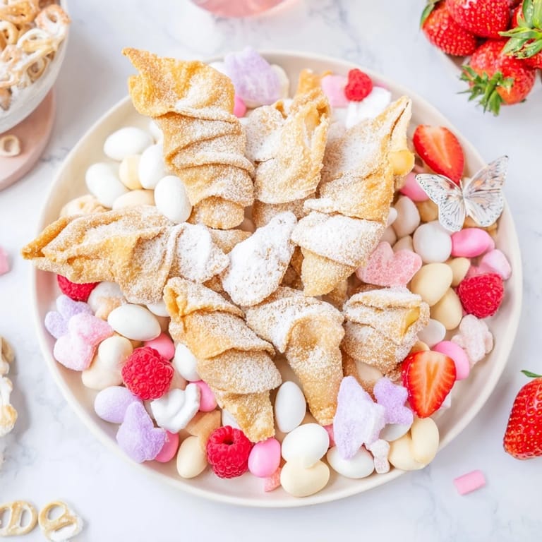 Delectable angel wings candy board featuring a beautiful array of candies and fresh berries for a sweet, shareable dessert.