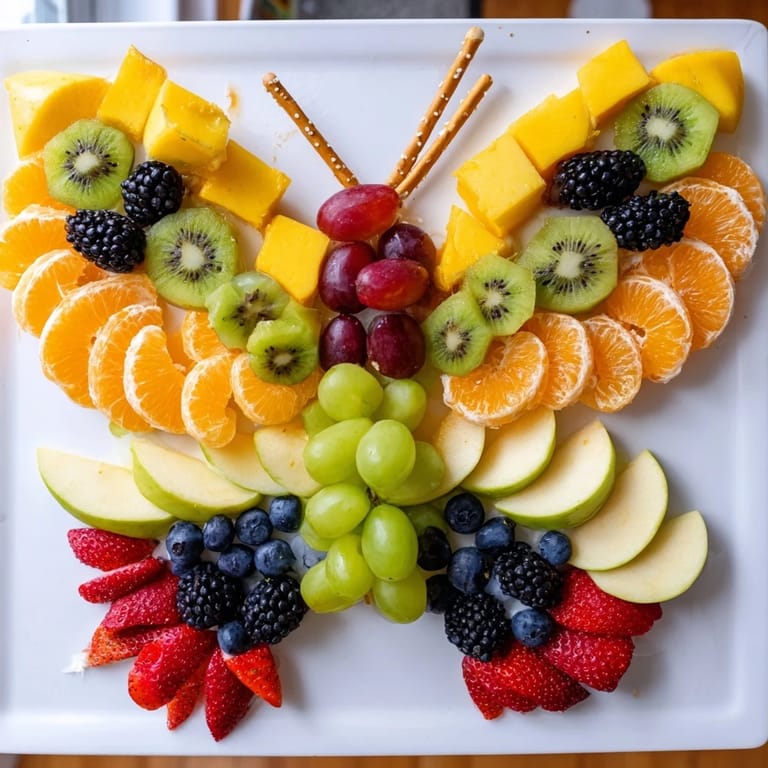 Vibrant orange slices and berries create this whimsical Monarch Magic Fruit Butterfly Tray for snacking.