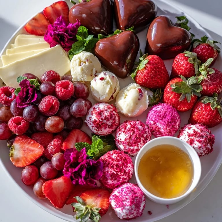 A vibrant Sweetheart Valentine's Day Board, featuring fresh fruits and creamy cheeses, ready to be enjoyed with your love.