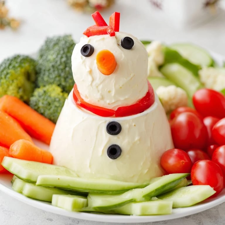 A creamy, cold snowman veggie dip platter, beautifully decorated with fresh, crunchy vegetables.