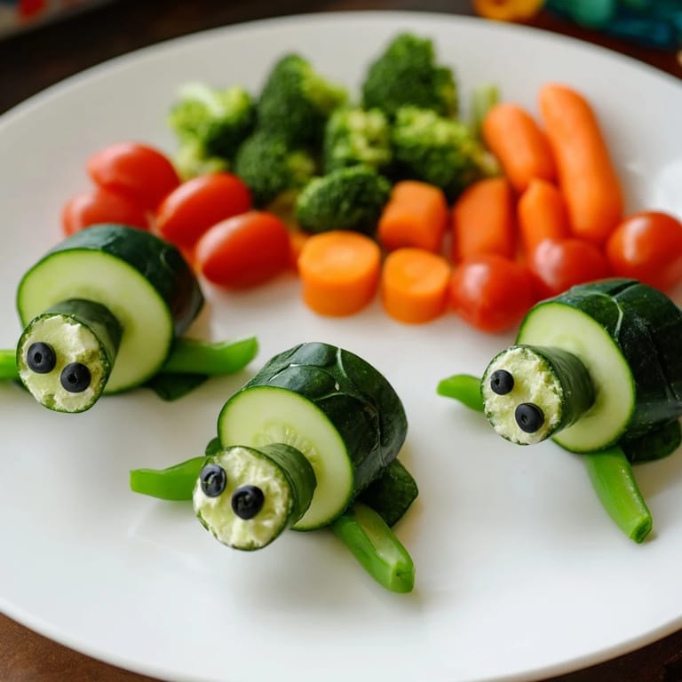 Vibrant veggie Slow & Savory Turtle Crudités platter showcasing cucumber turtle shells with fresh green bell pepper legs.