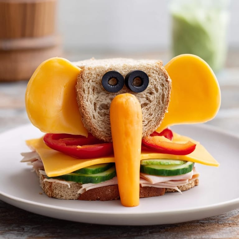 Delicious, colorful Big Top Elephant Sandwiches ready to be enjoyed with baby carrots and grapes.