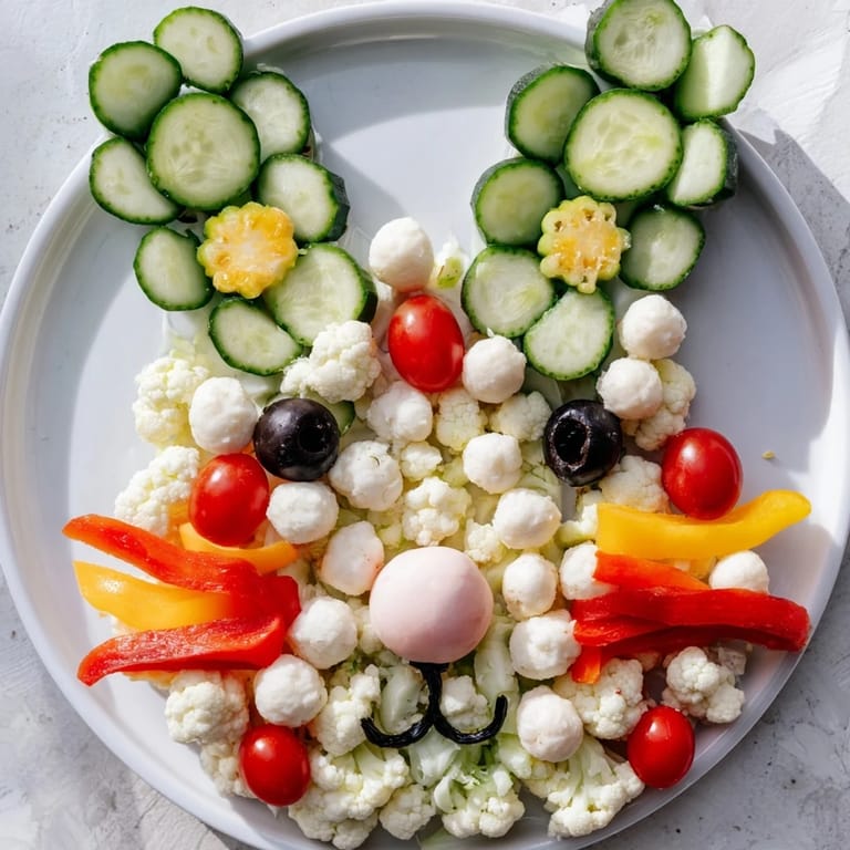 This vibrant Easter Bunny Spring Platter features carrot sticks, snap peas, and hummus arranged charmingly for Easter.