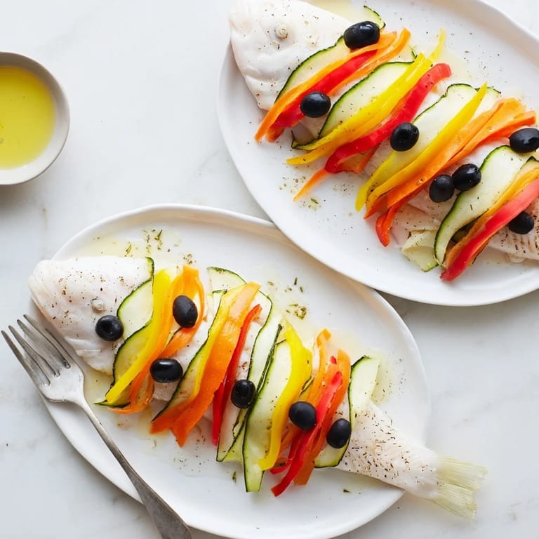 Baked light fish-shaped meal showing a tender white fish fillet with bright bell pepper scales.