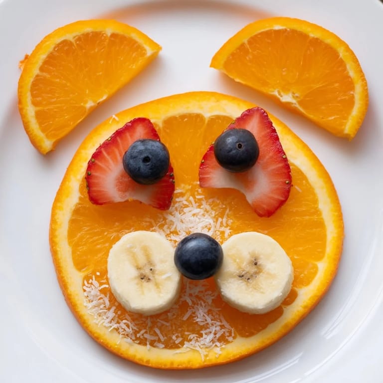 Whimsical fruit art: Sweet detail-oriented close-up of an orange slice bear face fruit board ready to enjoy.