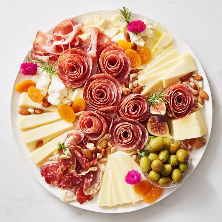 Delectable arrangement of a Meat and Cheese Rose Garden Board featuring artfully crafted meat "roses" and creamy cheeses.