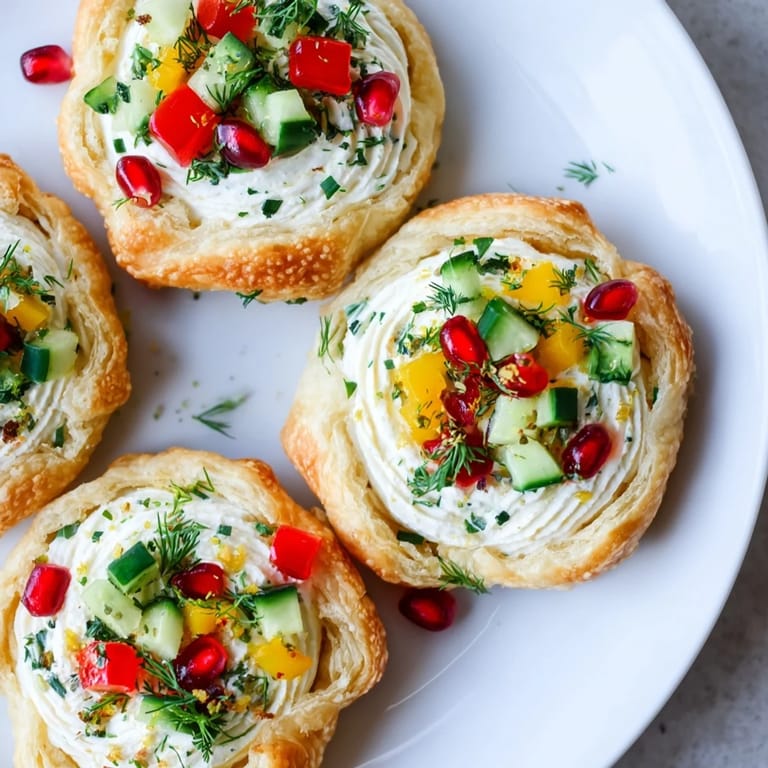 A close-up of beautifully presented Savory Tartlets, mini wreath appetizers filled with creamy cheese and holiday colors.