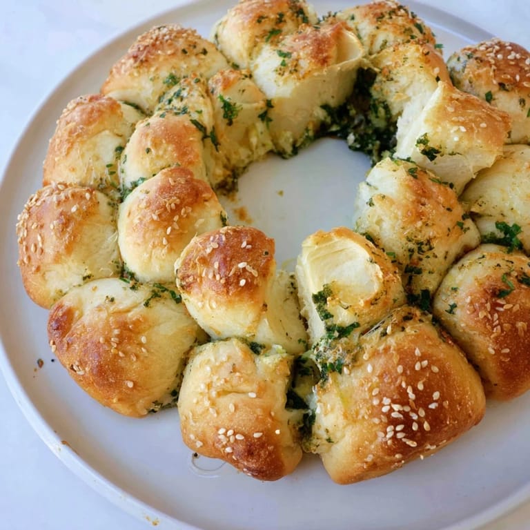 This inviting bread wreath features a savory, pull-apart texture, ideal for festive gatherings.