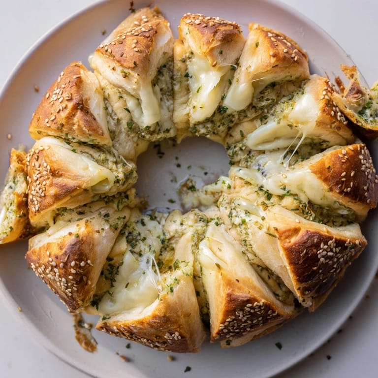 Warm and cheesy festive pull-apart bread wreath, perfect for a holiday appetizer centerpiece.