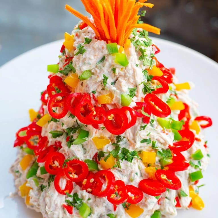 Holiday-ready appetizer: This vibrant Chili Pepper Christmas Tree Dip features fresh cilantro and chili pepper garnishes.